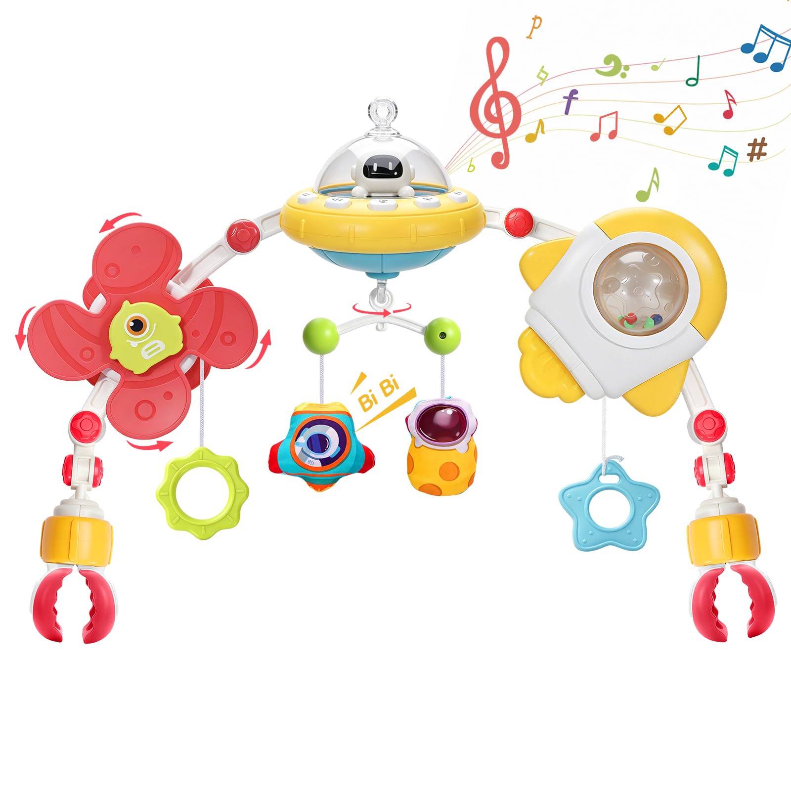 GONINO Giocattolo ad arco per passeggino, giocattolo musicale per seggiolino auto per bambini da 0 a 6 mesi, culla regolabile con giocattoli da appendere per culla e buttafuori, giocattolo spaziale