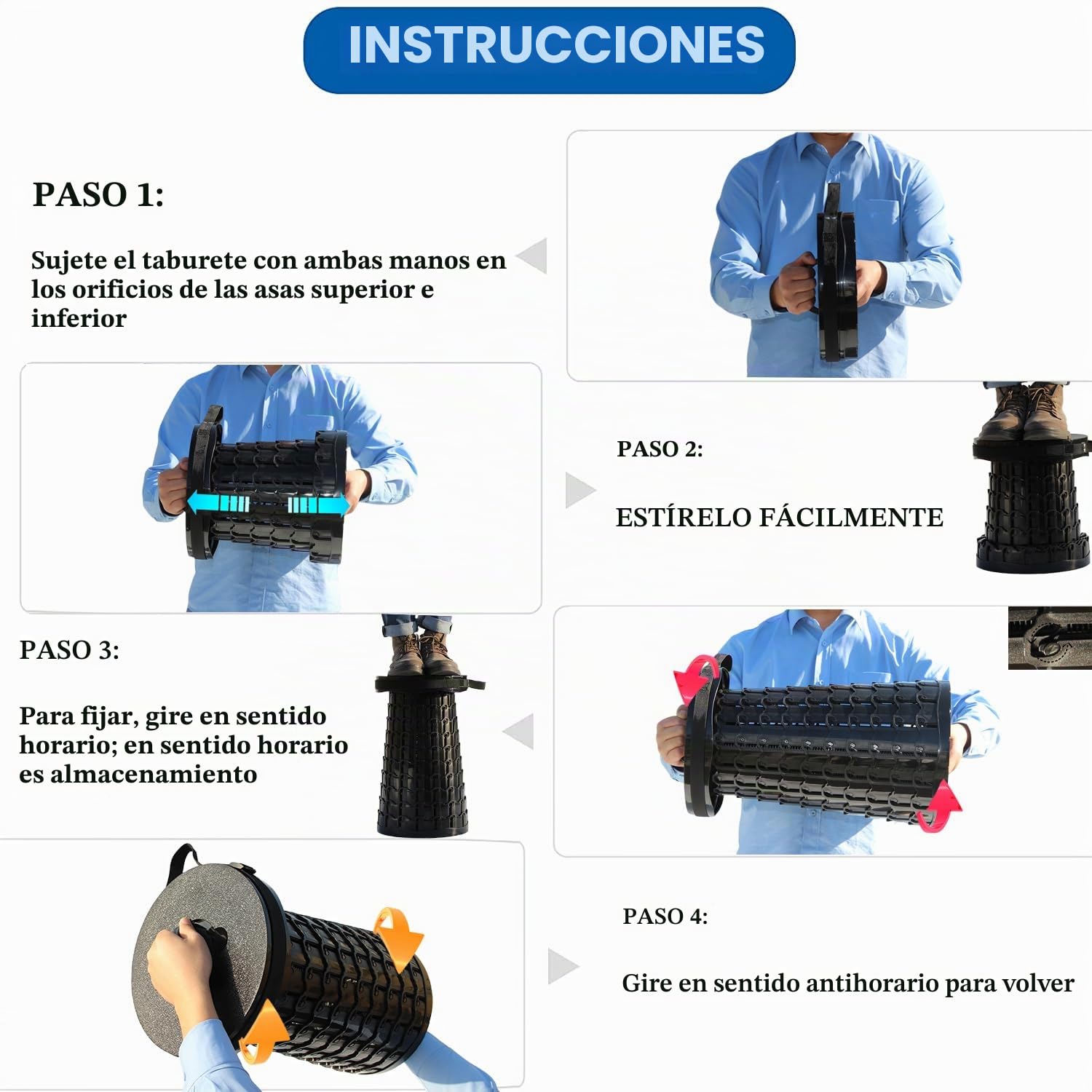 Taburete telescópico portátil mejorado de 19.7 pulgadas con asiento más grande y carga más fuerte, taburete plegable plegable con cojín retráctil, silla plegable telescópica resistente para adultos