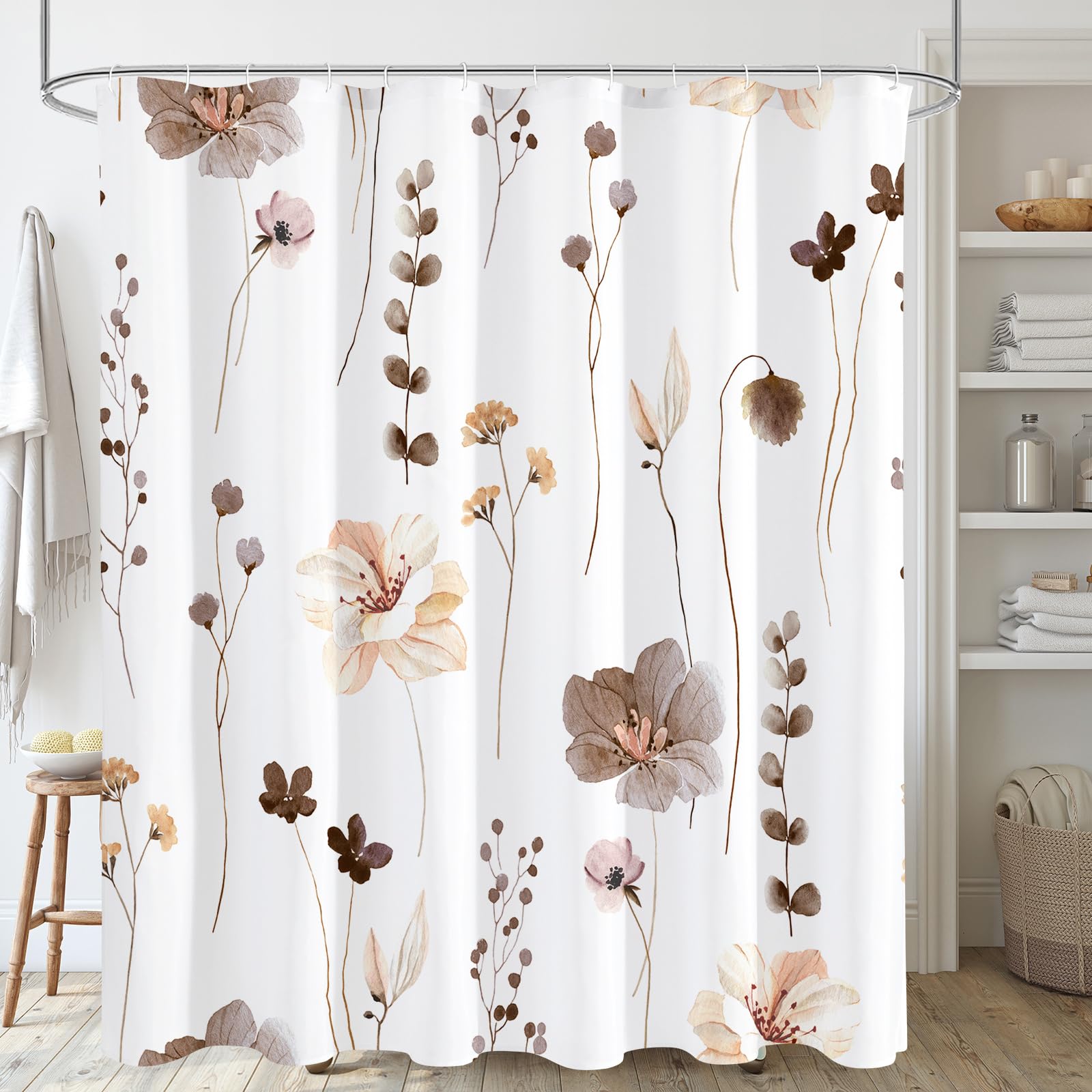 Gibelle Watercolor Floral Shower Curtain, Brown Beige Flower Shower Curtain for Bathroom, Modern Minimalist Waterproof Fabric Shower Curtain Set 72x72