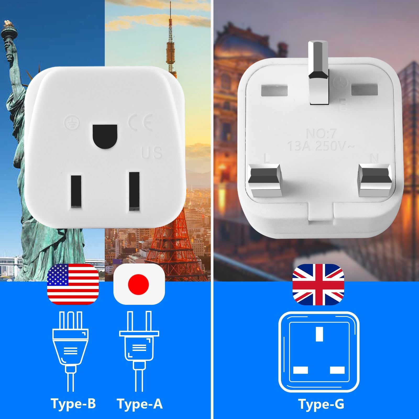 Lot de 2 adaptateurs de voyage de type G, adaptateur de voyage britannique, adaptateur secteur britannique, adaptateur de prise de courant