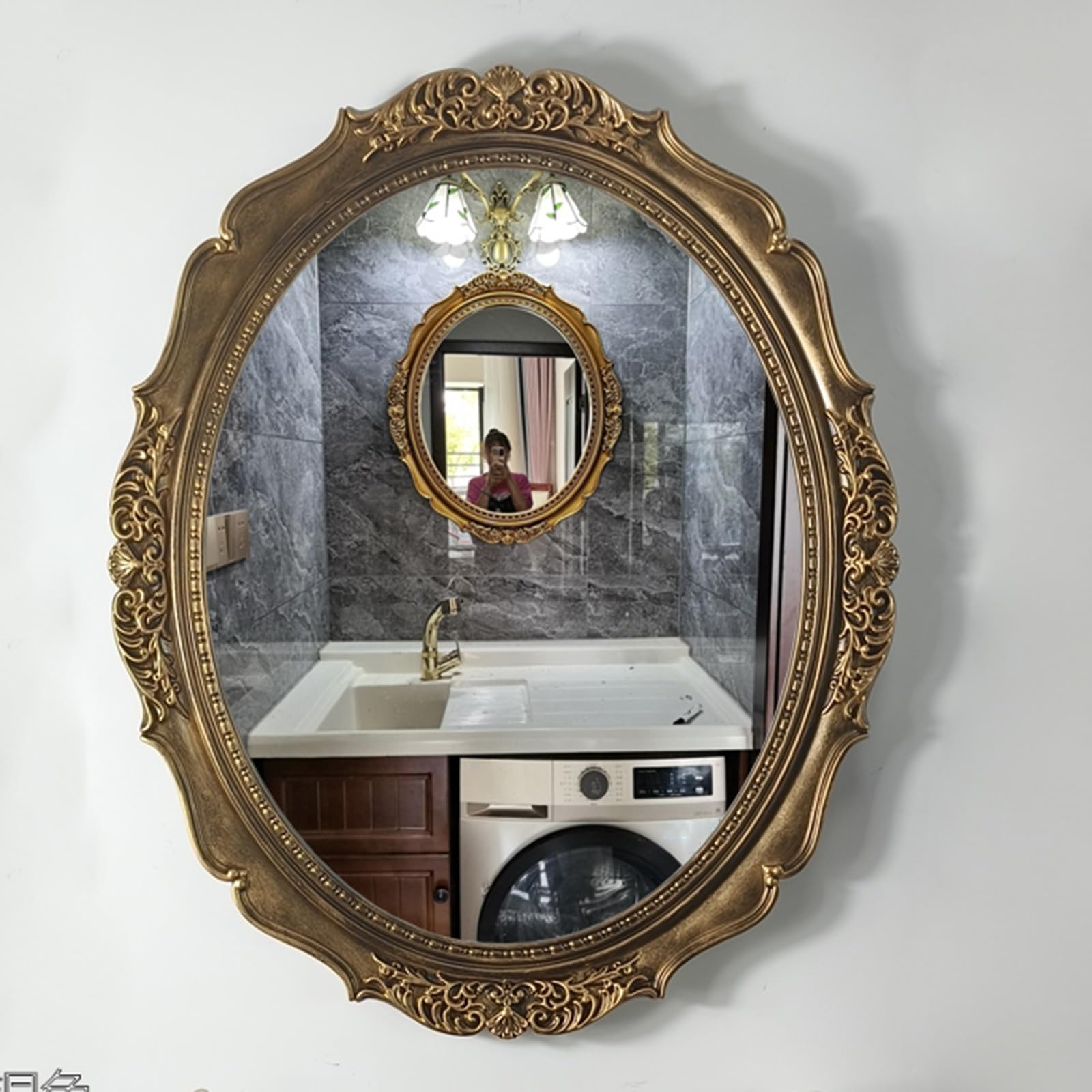 Specchio da bagno ovale vintage in bronzo da parete 61 * 50 cm, naturale, decorativo con bordo, alta definizione e antideflagrante, forma irregolare per uno stile unico, dimensioni compatte 37 x 33 c