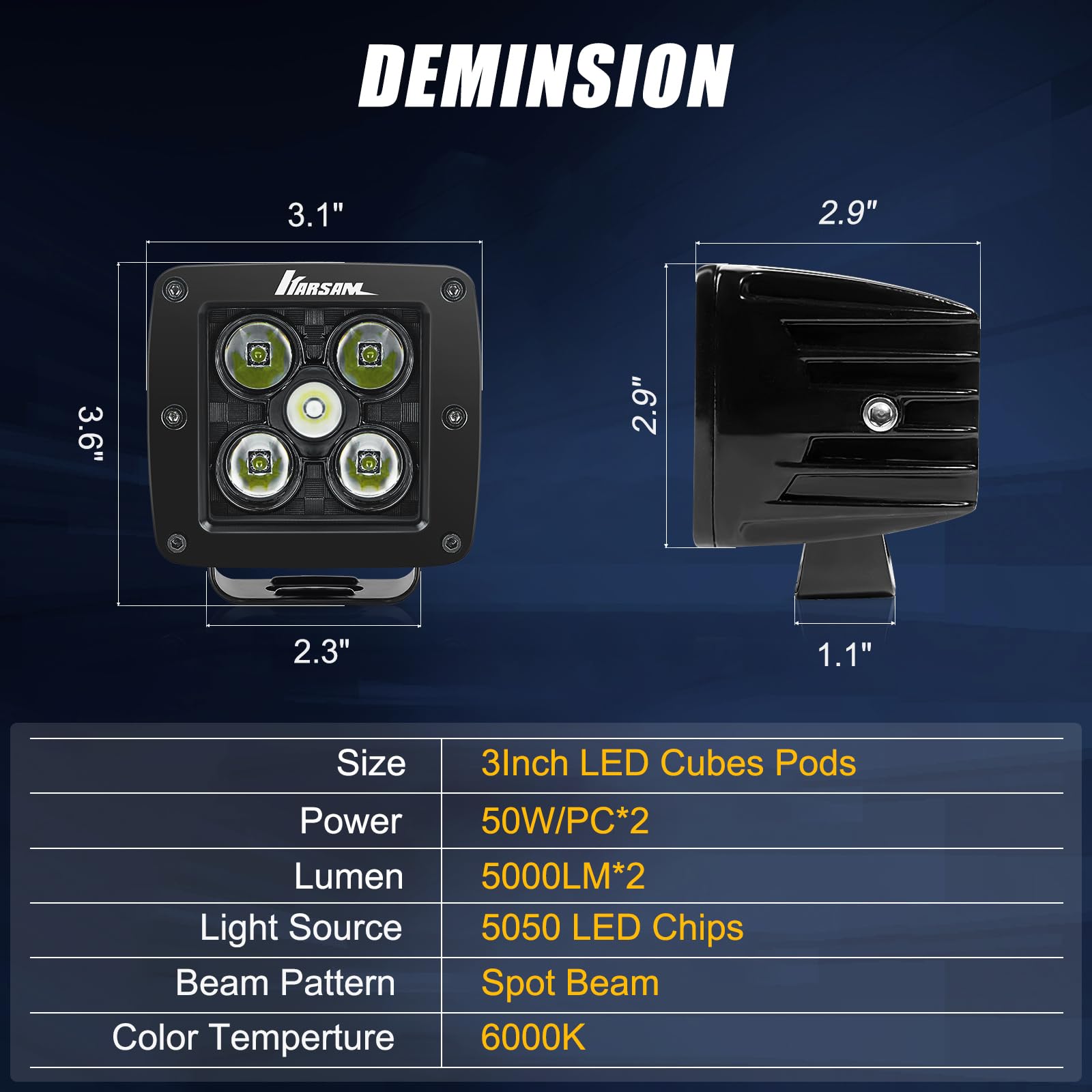 LED Cube Lights 2PCS, KARSAM 3Inch 50W White LED Cube Pods Light Bar Waterproof Fog Lamp Spot Beam LED Driving Square Work Light with Adjustable Bracket for Truck Pickup Tractor Motorcycle SUV ATV UTV