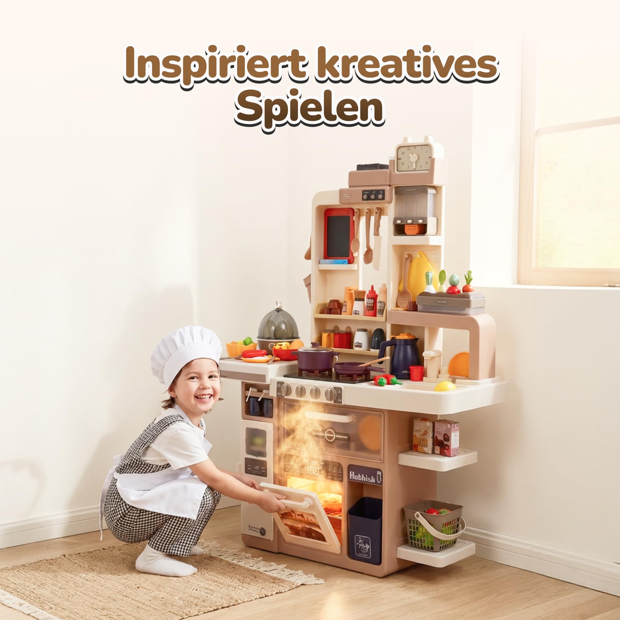 Kinderküche mit Licht, Sound, Wasser & Dampf – Realistische Spielküche ab 3 Jahren – 88-teiliges Zubehör, Eierkocher, Tafel & Dunstabzug – H 93 cm, Stabiler Kunststoff mit Waschmaschine