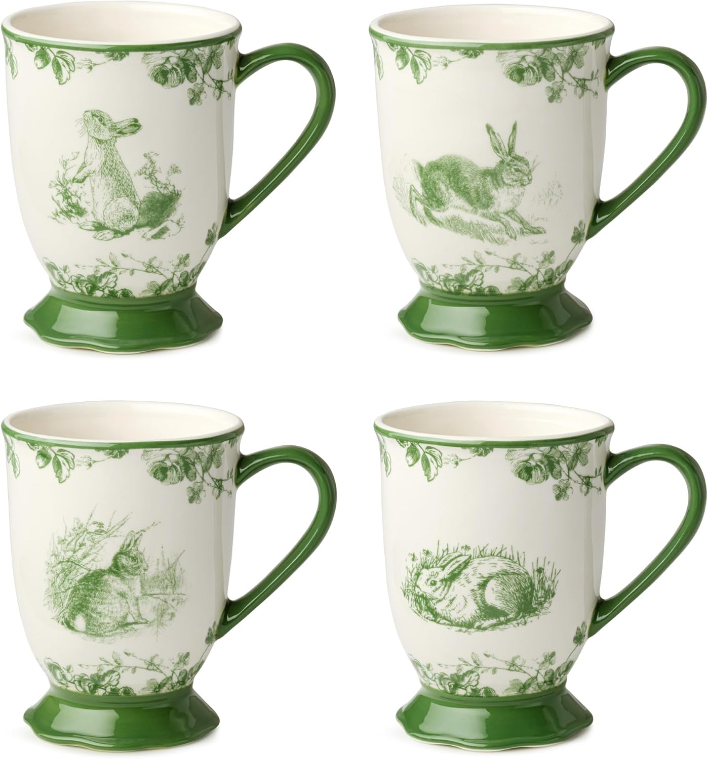 Le Jardin 6oz MUGS SET OF 4 – Green Bunny Stoneware Cups for Coffee, Tea & Cocoa – Charming Easter Drinkware for Spring Brunch or Morning Routines