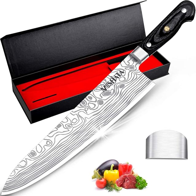 MOSFiATA 10" Chef Knife, Japanese Kitchen Knife, Pro Sharp Meat Vegetable Chopping Knife, Premier High Carbon German EN1. 4116 Stainless Steel, Full Tang Blade Cooking Knife with Finger Guard Gift Box