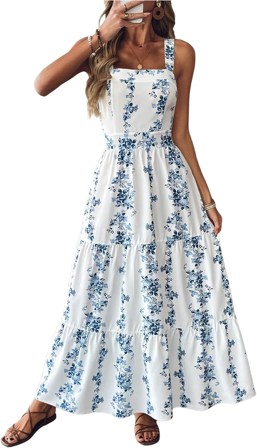 SHENHE Women's Summer Floral Sundress Tie Back Bow Tiered Ruffle Flowy Maxi Boho Dress