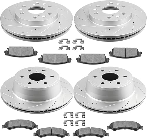 Miniatura 1 de SCITOO Rotores de disco DS delanteros de 12.99 pulgadas y traseros de 13.57 pulgadas + pastillas de freno de cerámica de repuesto para Cadillac