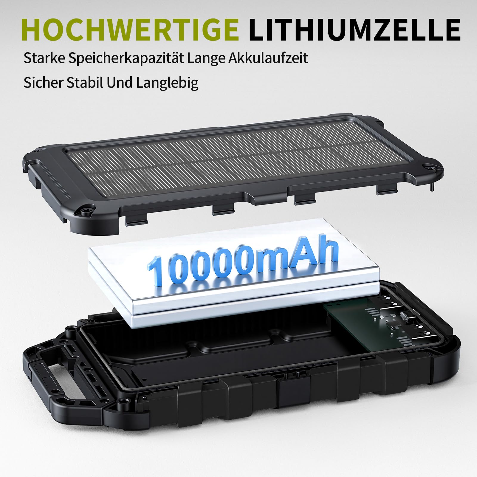 Solar Powerbank 10000mAh PD 22.5W Tragbares Solar Ladegerät USB C Outdoor Wasserdicht Externer Akku mit LED-Licht und 3 Ausgängen für Tablets Smartphones Outdoor Camping Schwarz