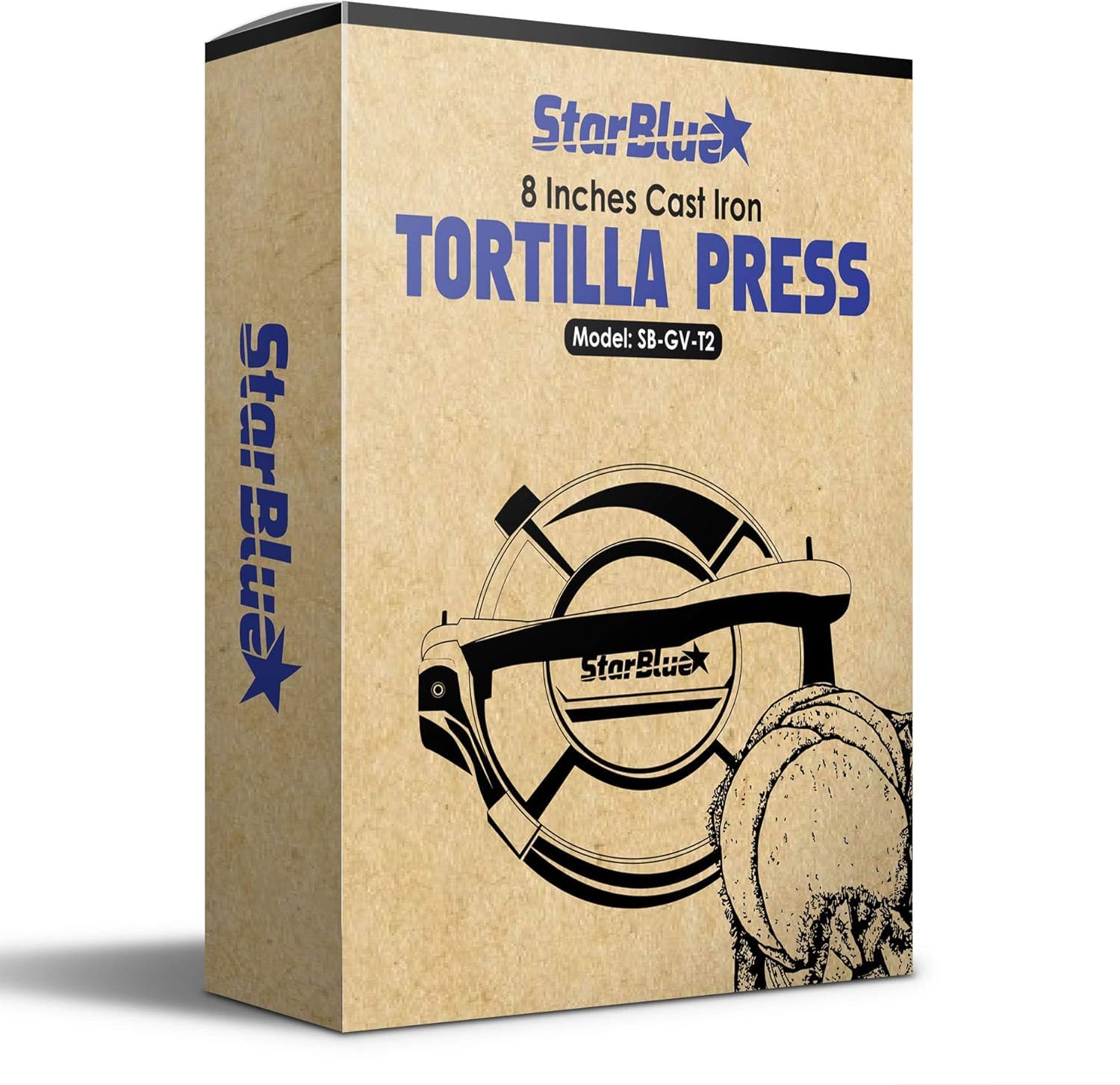 StarBlue - Stampo Per Tortilla In Ghisa Da 20,3 Cm Con 100 Pezzi Di Carta Oleata Ed Ebook Di Ricette In Omaggio, Con Strumento Per Realizzare Chapati In Stile Indiano, Tortillas, Roti