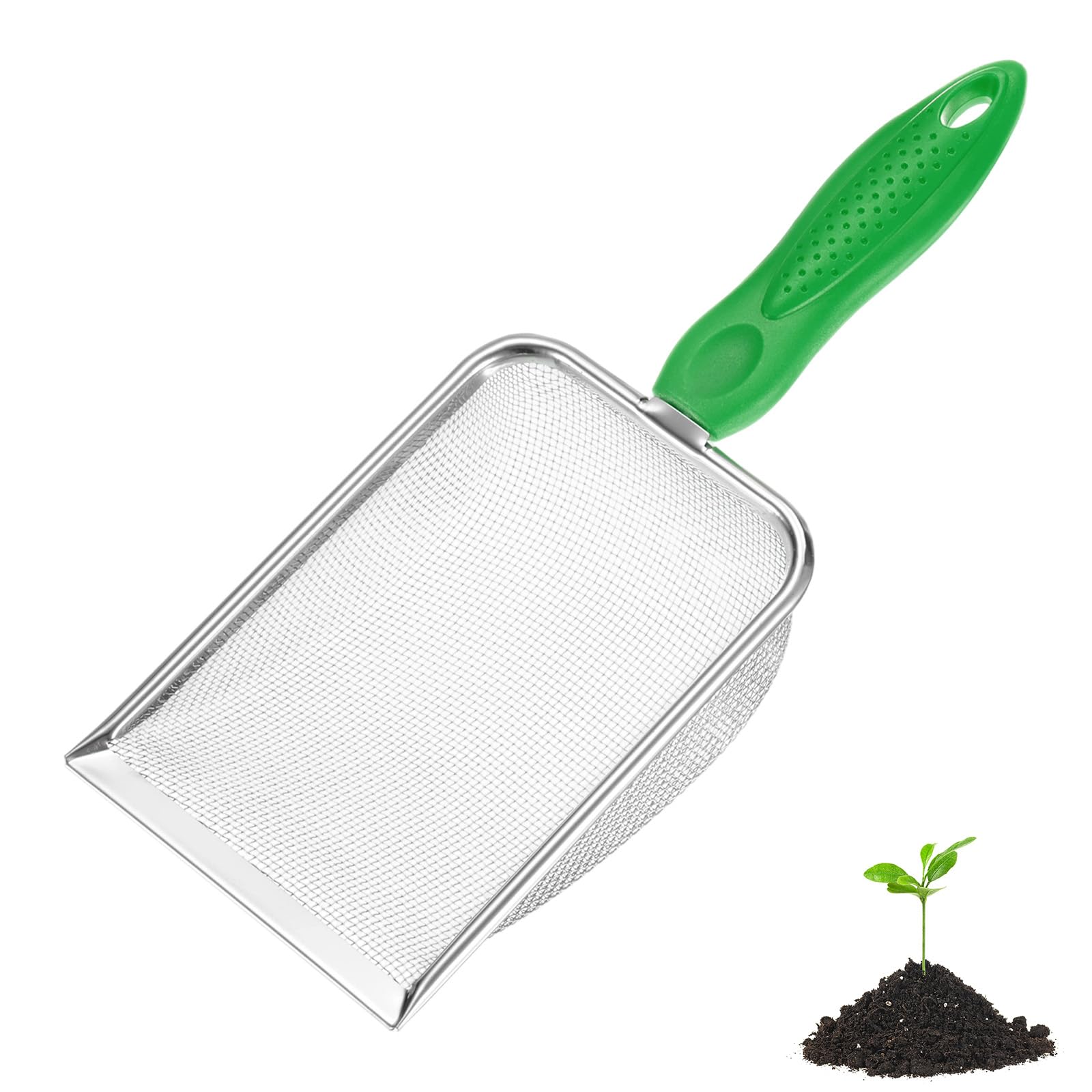 M METERXITY 1-Pack Gardening Soil Sifter, 1.5 mm Mesh Stainless Steel Portable Gardening Sifter with Non-Slip Handle for Sand/Dirt/Rock/Compost [White, Green]