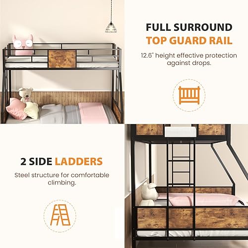 Vista 4 de Litera de tamaño individual sobre matrimonial, base de cama de metal con barandilla de seguridad, literas de estilo moderno para niños, niñas