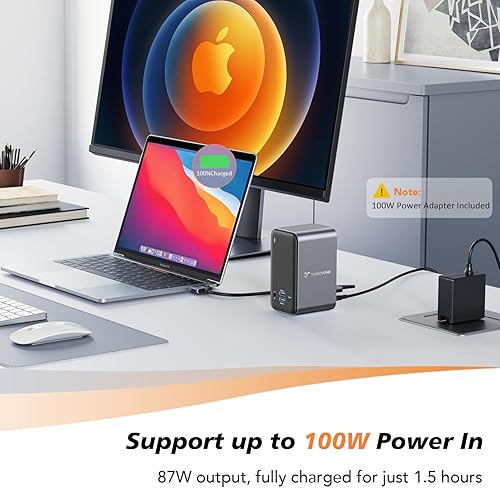 Miniatura 3 de TOBENONE Estación de acoplamiento con monitor dual con cargador GaN III de 100 W, estación de acoplamiento USB C Dual 4K HDMI para MacBook ProAir,