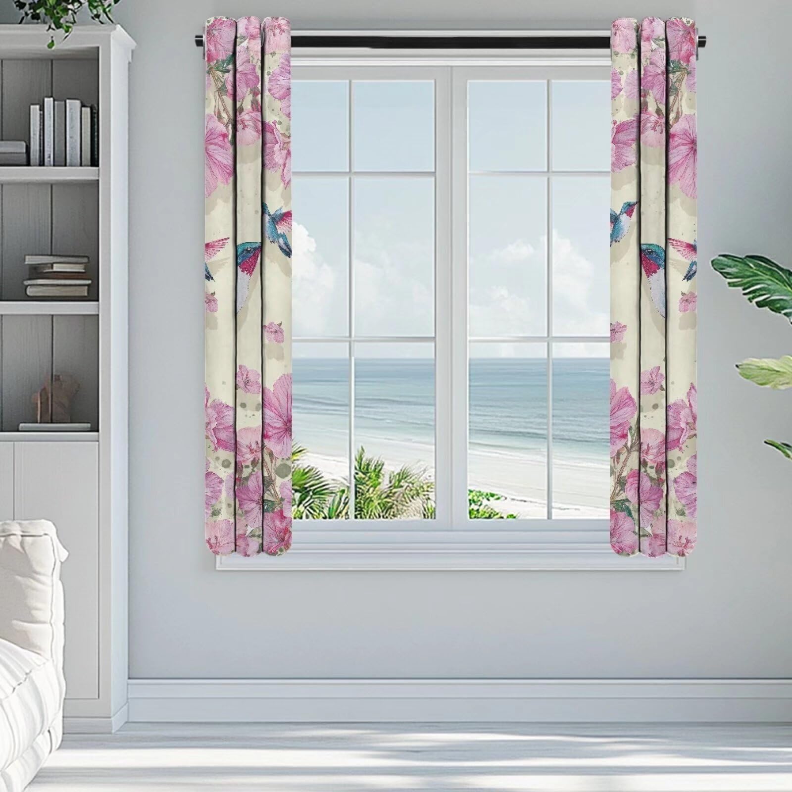Yuresuaet Hummingbird Blackout Curtains Floral Curtains for Bedroom Gray Curtains Rod Pocket Valance Curtains for Living Room Kitchen Office Nursery Curtains Light Blocking Curtains