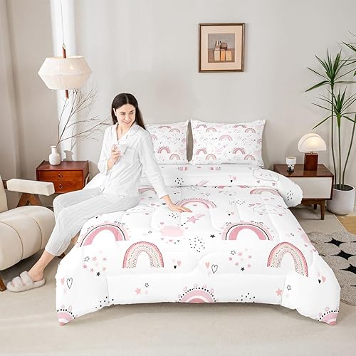 Miniatura 3 de Erosebridal Juego de edredón de arcoíris rosa, edredón Kawaii de nube tamaño individual para niños y niñas, decoración de dormitorio, diseño de
