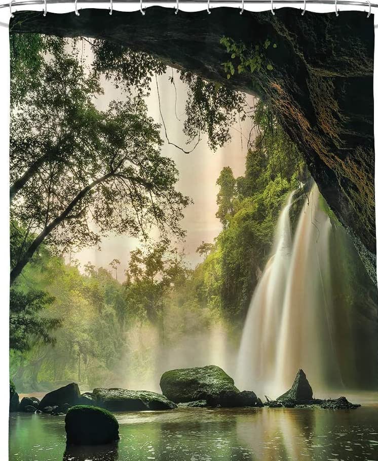 Design Shower Curtain, Nature Waterfall Canyon Caves View Of Forest Falls Jungle Rocky Scene, Waterproof Cloth Fabric Bathroom Decor Set with Hooks 60x72"(W*H)