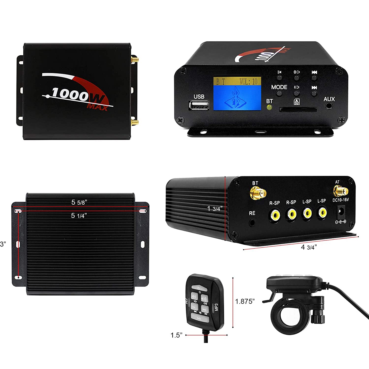 1000W Potente amplificatore stereo multimediale Bluetooth a 4 canali con radio FM SD AUX USB, amplificatore sostitutivo del sistema audio per moto serie M1000 per Harley ATV UTV RZR Polaris