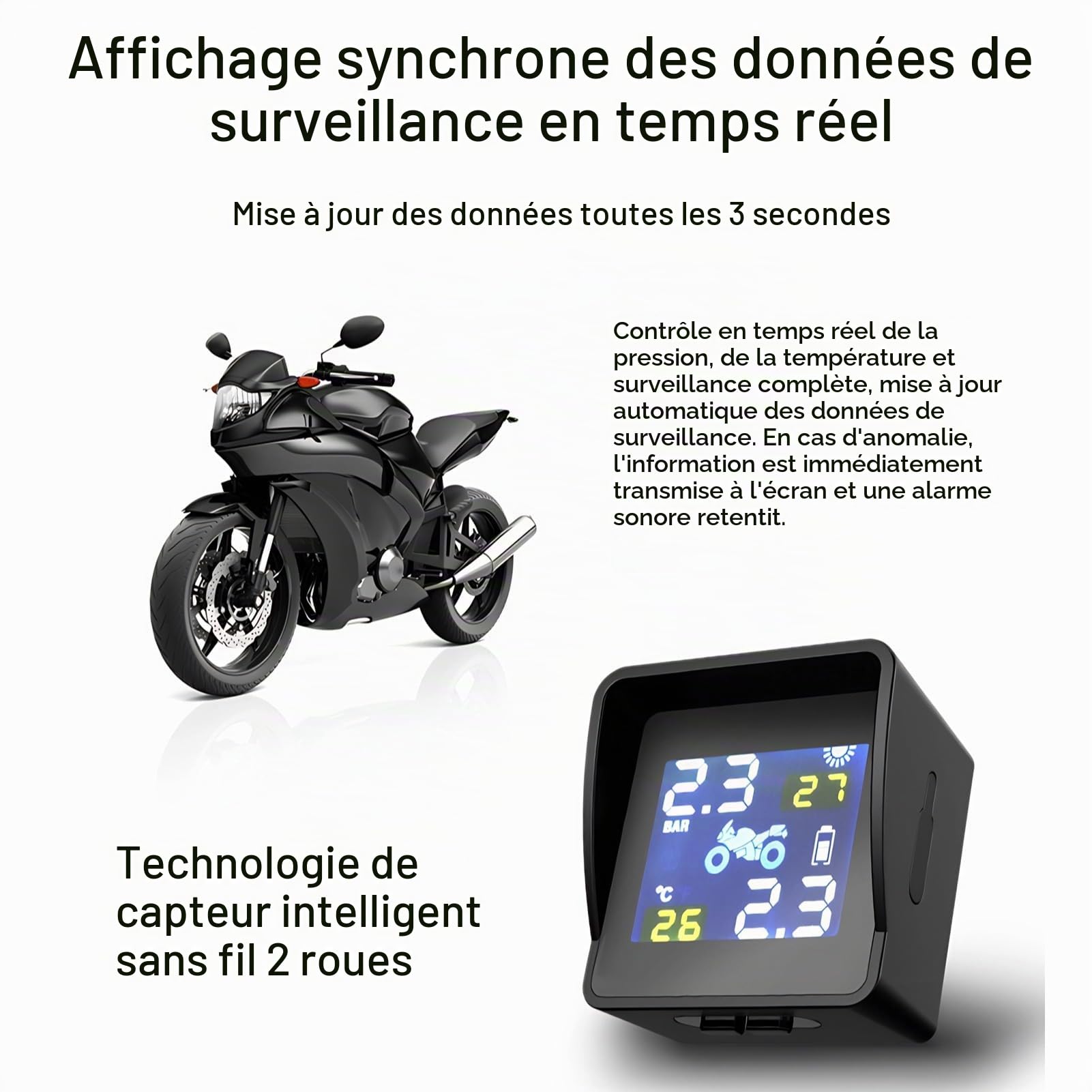 Diyeeni Système de Surveillance de la Pression des Pneus de Moto TPMS Solaire, écran LCD avec Six Modes D'alarme, étanche et pour Scooters de Moto