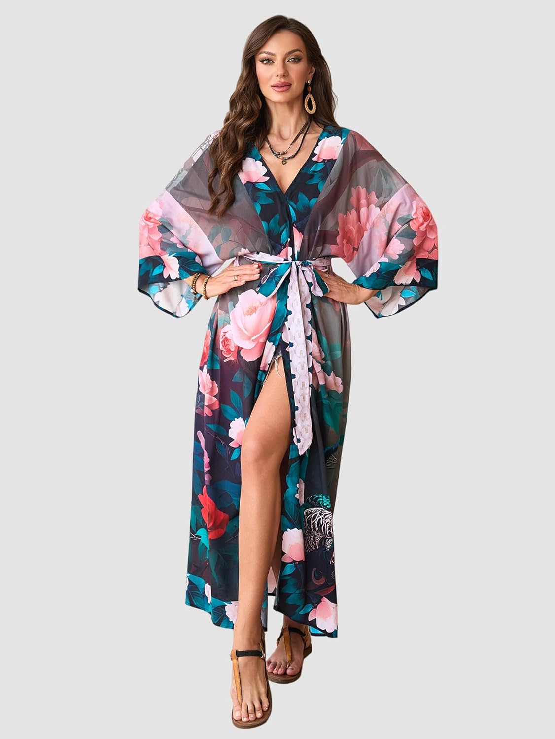 Swimsuit Coverups for Women Long Kimonos Robes Peocock Flower Printed Boho Beach Cover Ups Summer Holiday Sarong Wraps - Image 3