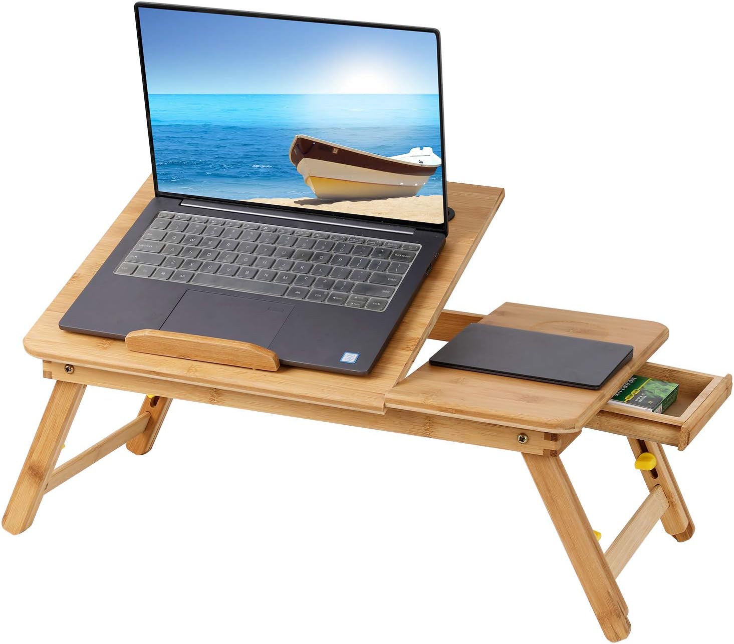 PENGKE Bamboo Laptop Bed Tray Multi Tasking Lap Desk with Storage Drawer, Adjustable Sitting or Standing Laptop for Reading Writing Playing Eating