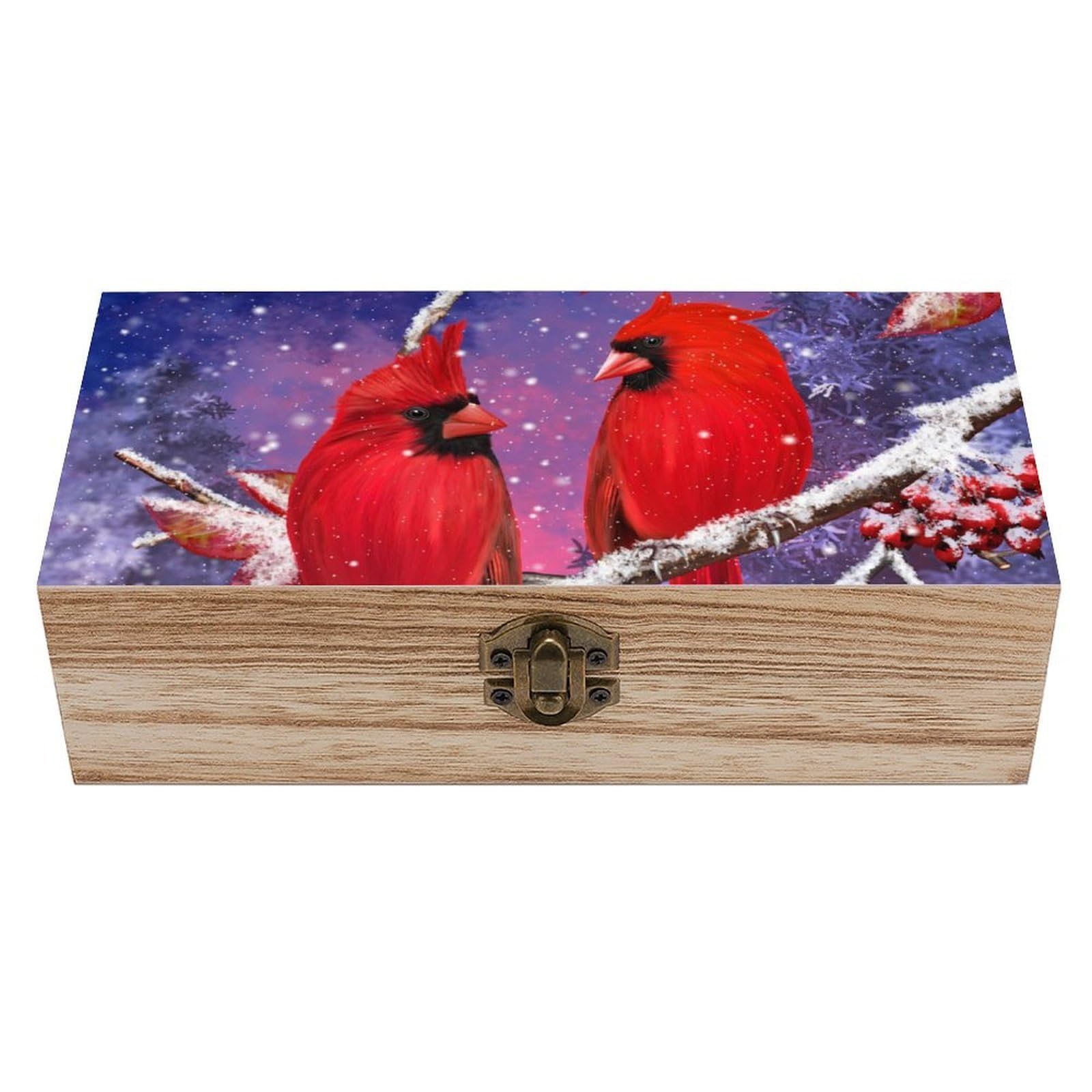 Cgsbngha Style Bird Snowy Red Cardinal Wooden Storage Boxes With Lid Memory Box Decorative Organiser For Office And Home