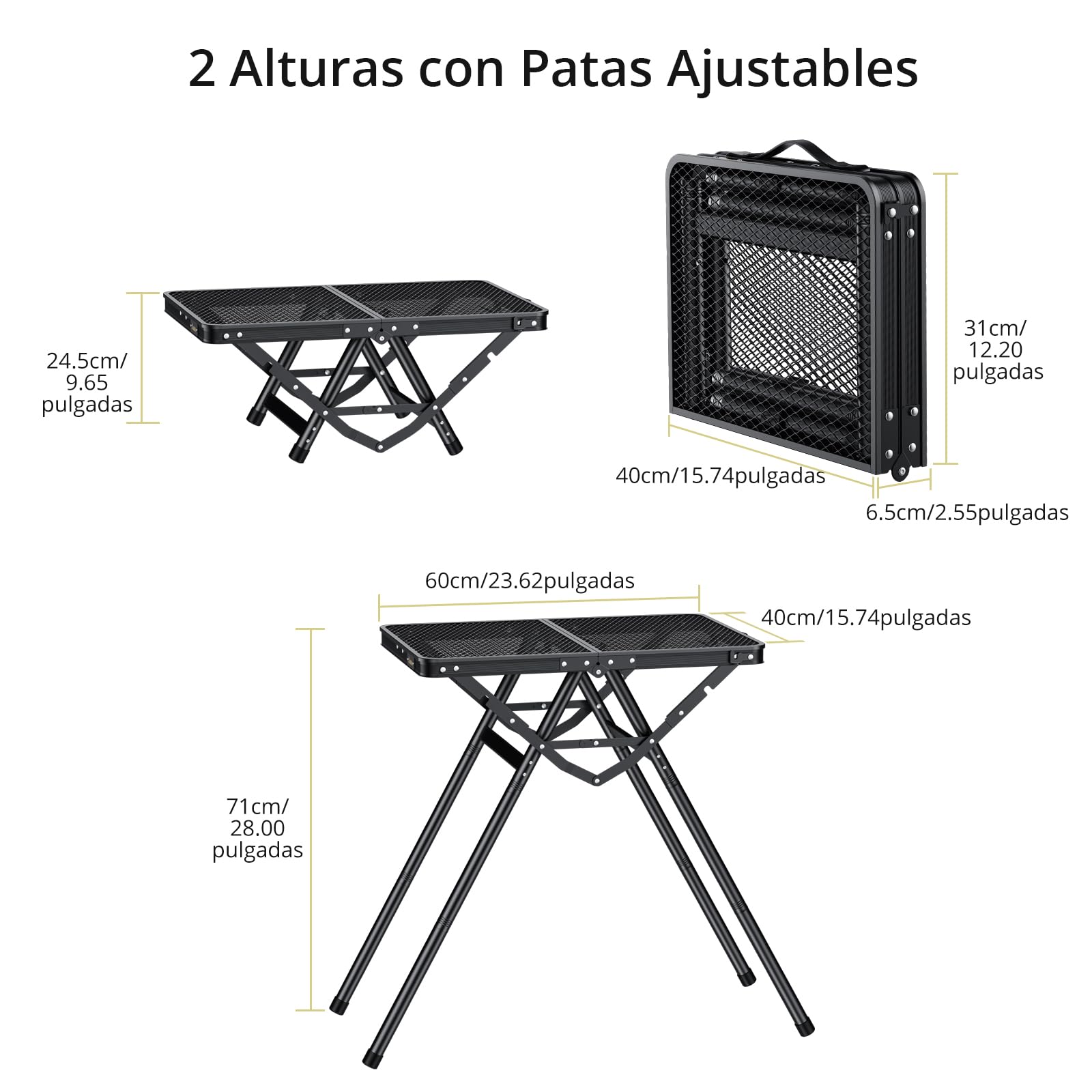 Anbte Mesa Camping Plegable 60 x 40 x 24.5/47.7/71cm, Mesa Plegable para Parrilla, Soporta 80KG, Estable, Tablero Resistente al Calor para Camping Barbacoa Cocina Patio