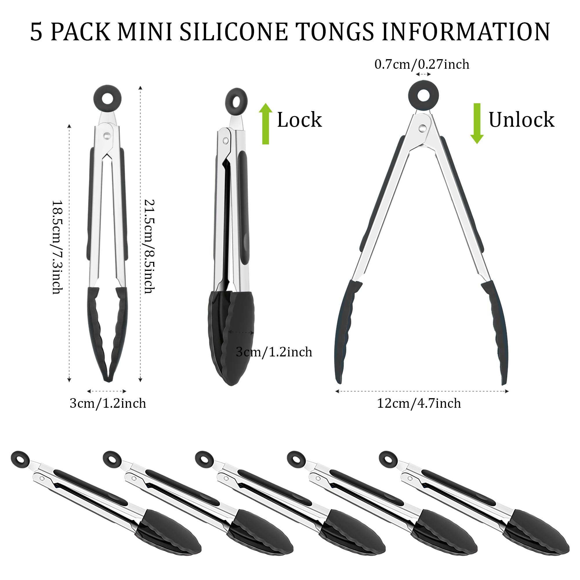 Ustensiles de cuisine 5 pièces Mini pinces en silicone Petites pinces en silicone de 7 pouces Mini pinces de cuisine de service avec embouts en silicone Petites pinces de service Pinces de cuisson en