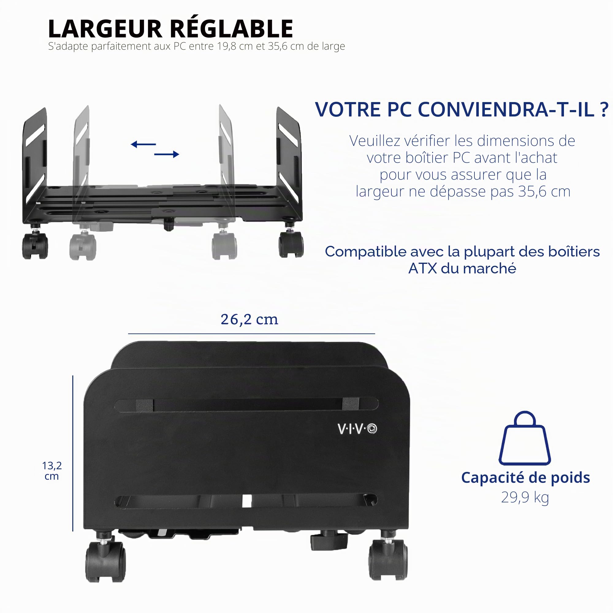 Vivo CART-PC01L Grande Tour d'ordinateur de Bureau ATX, Support Roulant en Acier CPU, Support de Chariot Mobile réglable de 20 à 35,6 cm de Large avec roulettes verrouillables, Support pour PC de Jeu