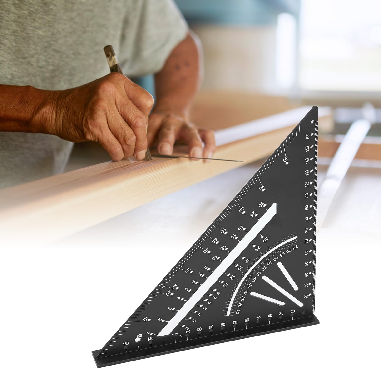 Righello Triangolare in Alluminio, Righello Triangolare per la Lavorazione del Legno con Scale Precise a 30°, 45°, 60° e 90°, Righello ad Angolo retto metrico inciso.
