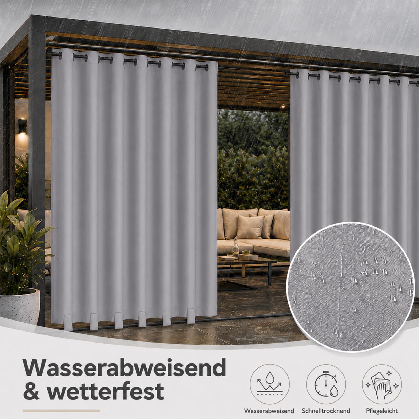 Pesonlook Outdoor Vorhang Wetterfest 2er Set, Wasserabweisende Outdoorvorhänge mit Ösen und unteren Schlaufen, Blickdicht Sonnenschutz Sichtschutz für Balkon Terrasse Pergola, 254 x 213 cm, Grau