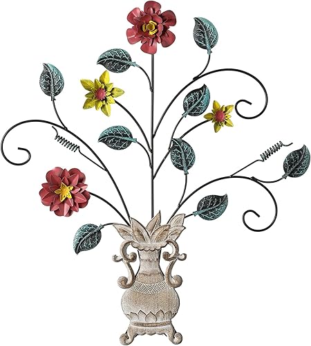 Decoración de pared de flores de metal de 177 x 2067 pulgadas arte de pared de flores de metal escultura decorativa de pared con flores y jarrón de