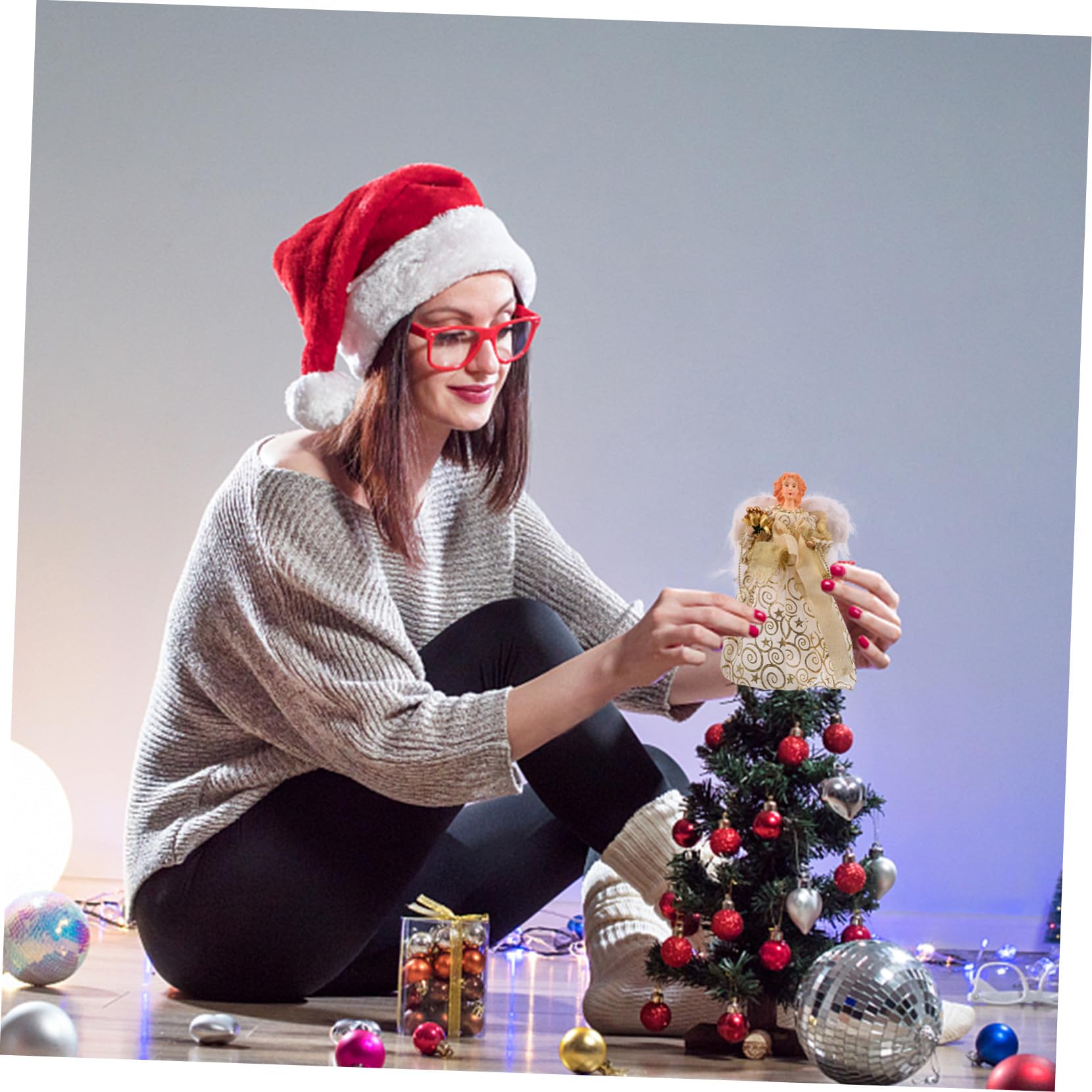 Pequeña Estatuilla Ángel para Árbol Navidad Decoración Topper con Alas De Tela para Fiesta Navideña y Adornos Hogar