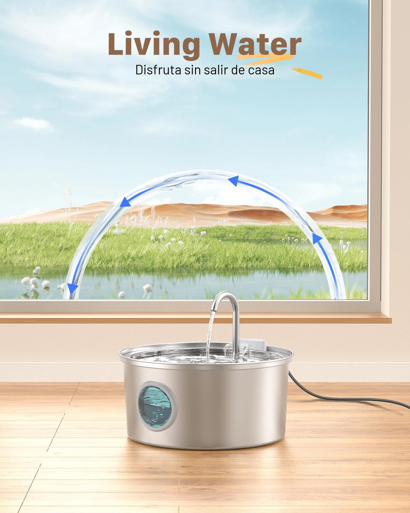 Fuente de gato de acero inoxidable - Fuente para mascotas de 108 oz/3,2 L para gatos de interior - Silenciosa - Contiene 8 filtros + 8 esponjas