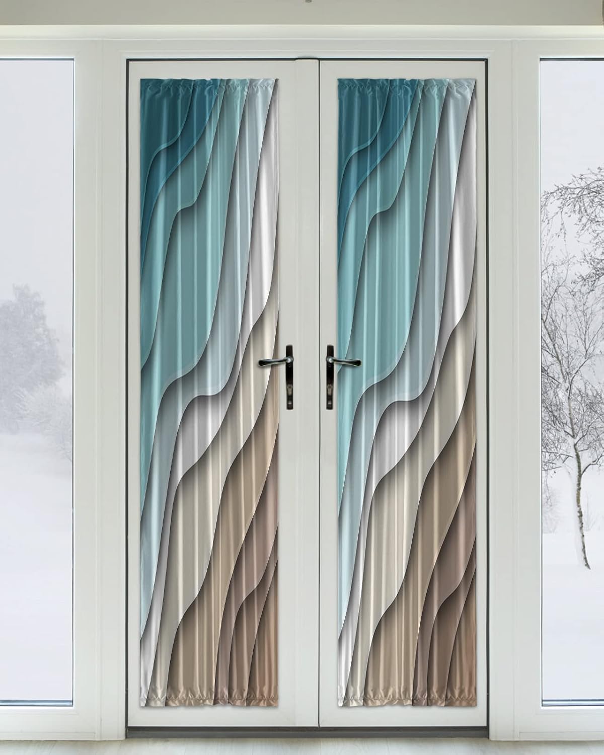 Blackout Door Curtains for Doorway Privacy, Ombre Teal & Brown French Door Curtain Thermal Insulated Curtains for Front Door Rod Pocket Glass Door Panel 25x72in Abstract Waves