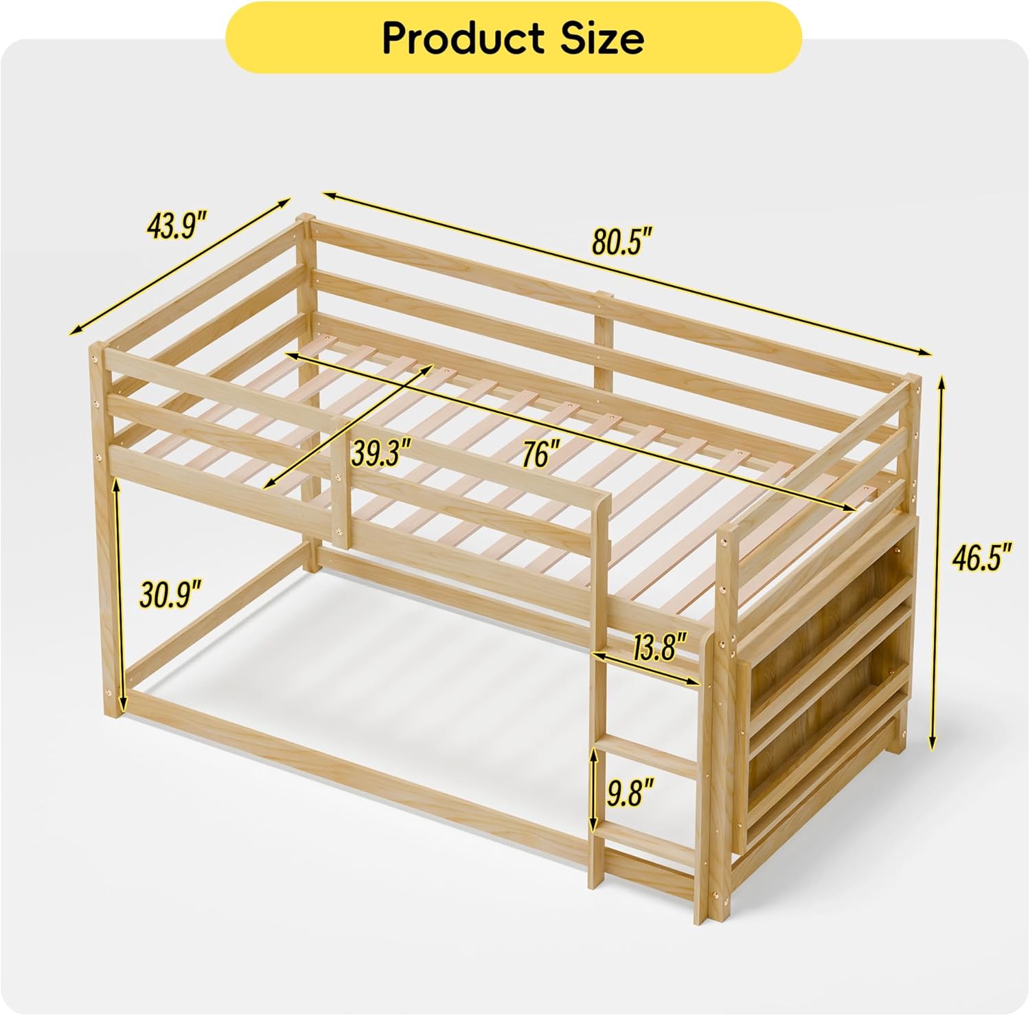 Xilingol Low Bunk Bed for Kids, Floor Bunk Bed Twin Over Twin with Bookshelves & Full Guardrails, Wooden Twin Bunk Bed Frame for Bedroom, Dorm, Boys, Girls, Children, Toddler (Natural)