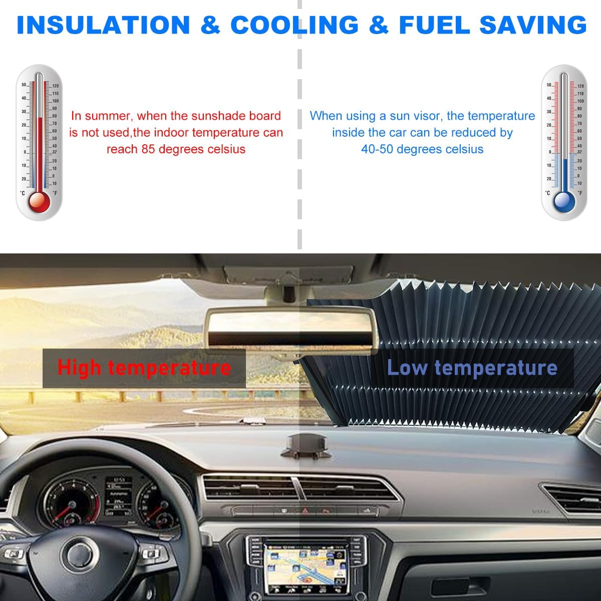Ohleats Retractable Windshield Sun Shade, 25.6"×60" Sunshade Protector Blocks 99% UV Rays to Keep Your Car Cool, Front Windshield Sunshade Cover for Most Vehicles, Car Accessories (25.6"×60")