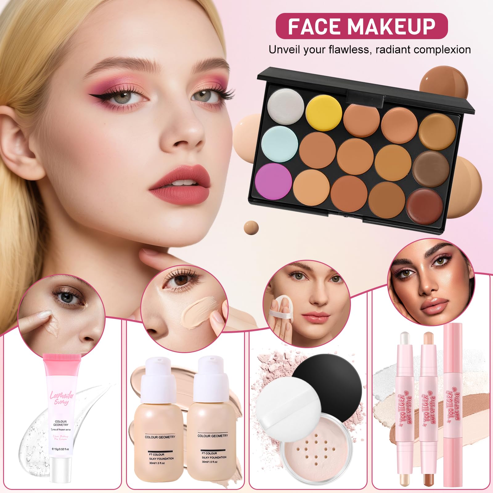 Set Maquillaje Mujer, Set Regalo Maquillaje Adolescentes, Kit de Estuche Maquillaje Profesional Completo con Paleta Sombras de Ojos, Base Líquida, Colorete, Lápiz Labial, Rímel, Gloss Labios, Pinceles
