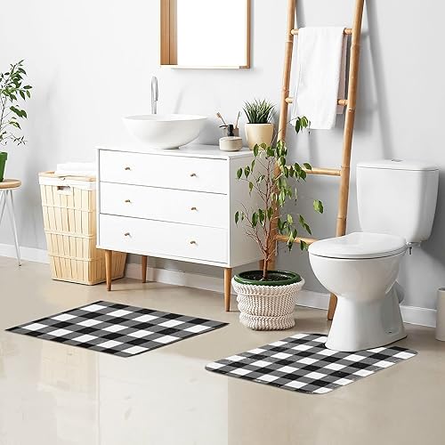 Miniatura 7 de Alfombra de baño a cuadros blancos y negros, suave, absorbente, lavable, alfombra de baño para piso de baño, alfombra de baño antideslizante para