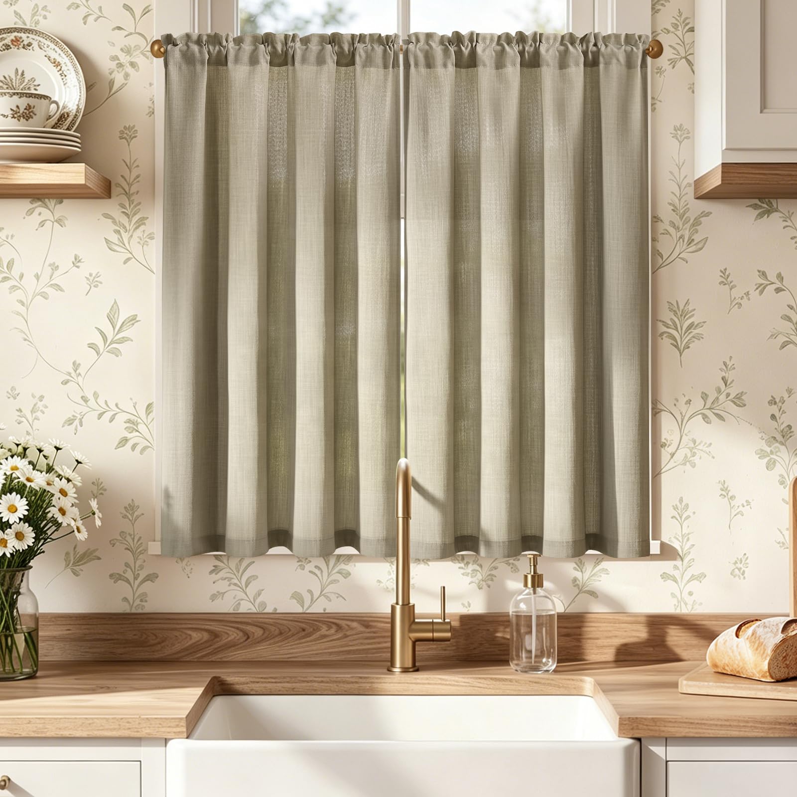 TOPICK Beige Kitchen Curtains 45 Inch Drop, Small Cafe Curtains, W36 xL45