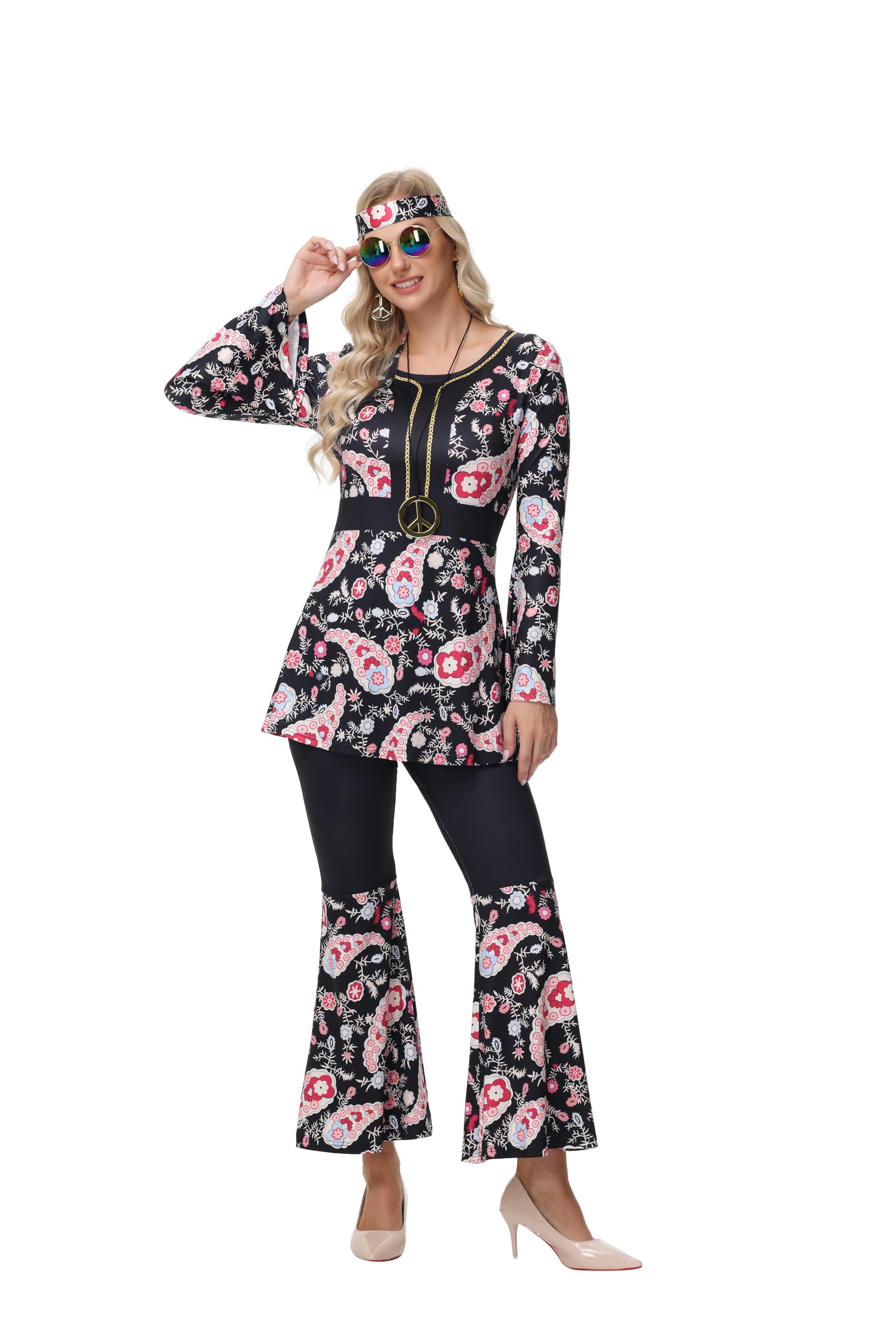 ELFIN Disfraz hippie de los años 60 y 70 para mujer, accesorios con parte superior hippie, pantalones, gafas, diadema, collar, pendientes, disfraz de discoteca, carnaval, fiesta temática, Halloween