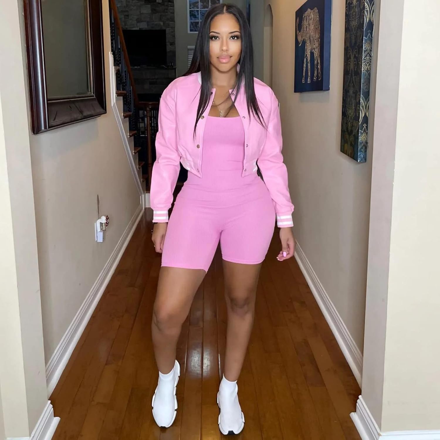 Xaspee Varsity Bomber Jacket Women Causal Baseball Crop Top Letterman Faux Leather Snap Button Sports Outwear Jackets - Image 5