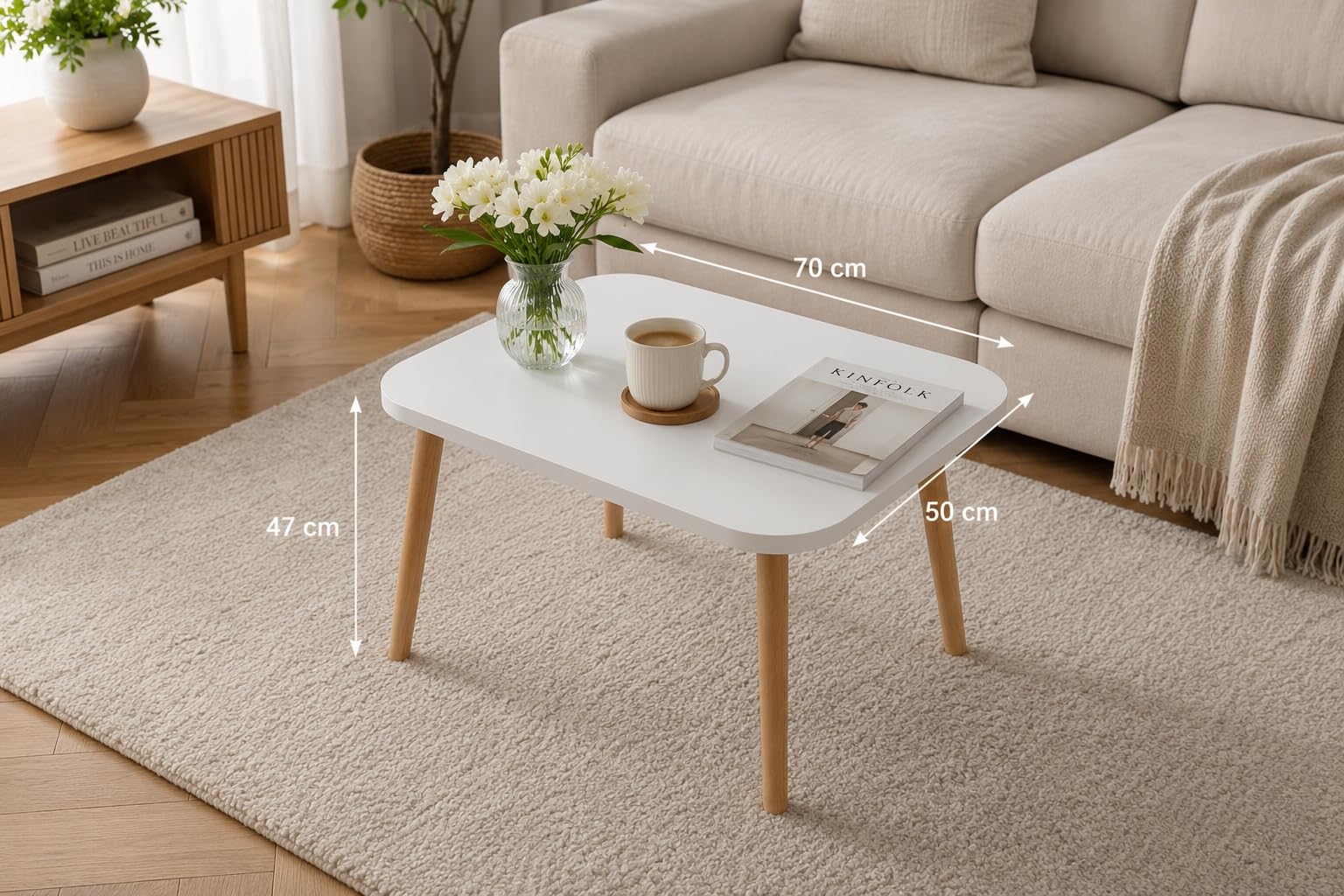PlayPals Couchtisch Weiss Rechteckig 70x50 cm – Skandinavischer Wohnzimmertisch Holzbeine, Sofatisch Modern, Beistelltisch Holz MDF, Tisch Wohnzimmer