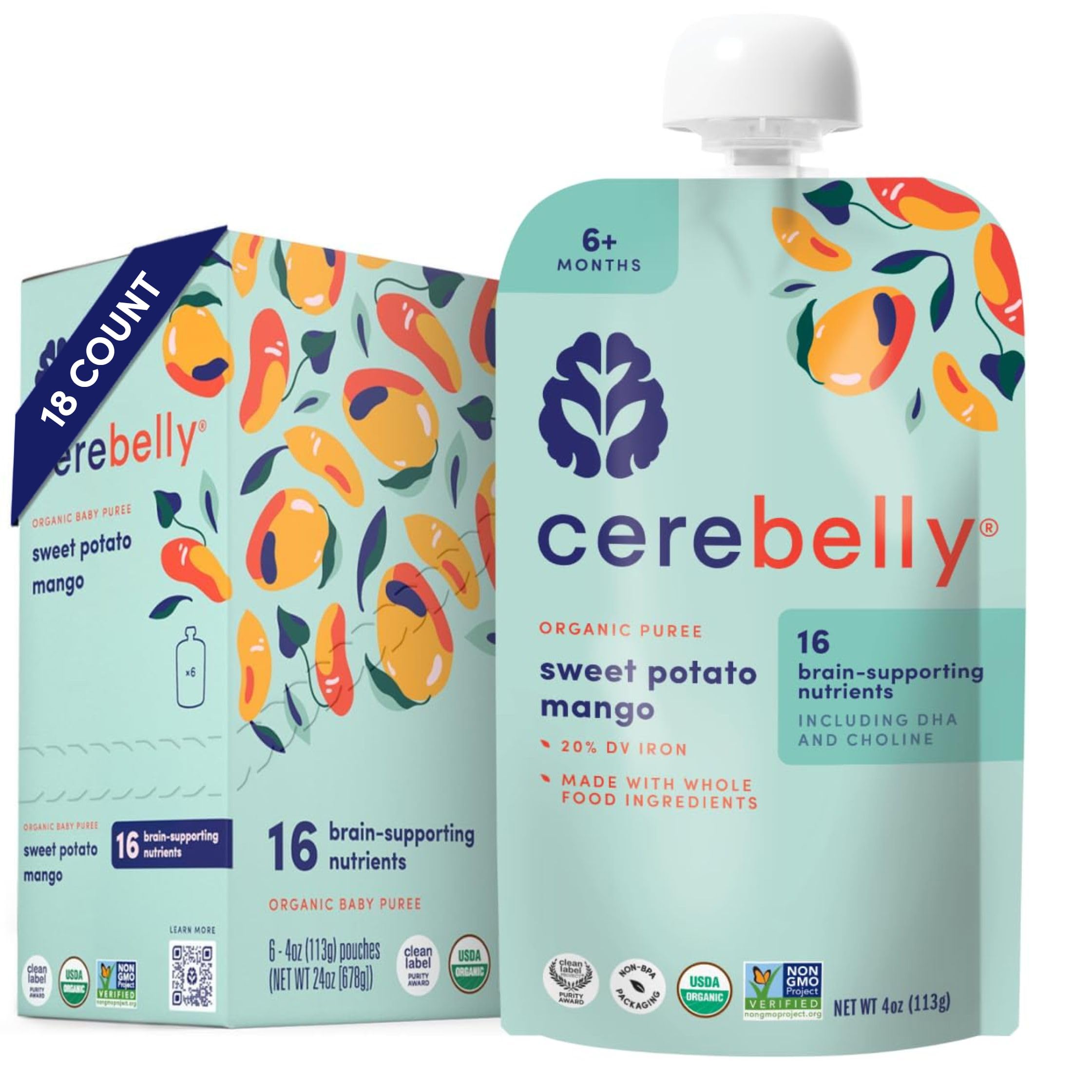 Cerebelly Organic Baby Food Pouches, Sweet Potato Mango Purees, 16 Nutrients, No Added Sugar, Fiber & Non-GMO, 4oz, 18 Pack