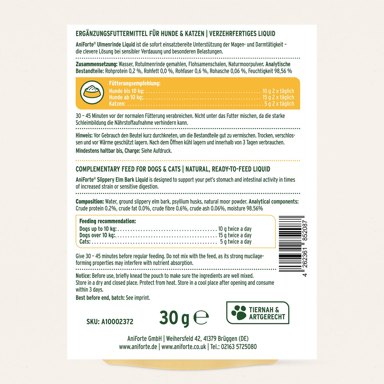 AniForte Ulmenrinde Liquid Hunde & Katzen 14x30g – Sofort verzehrfertig, kein Aufkochen, Magen-Darm-Kur, bei Sodbrennen & Durchfall, Verdauung stärken, mit Flohsamen Heilmoor & Slippery Elm