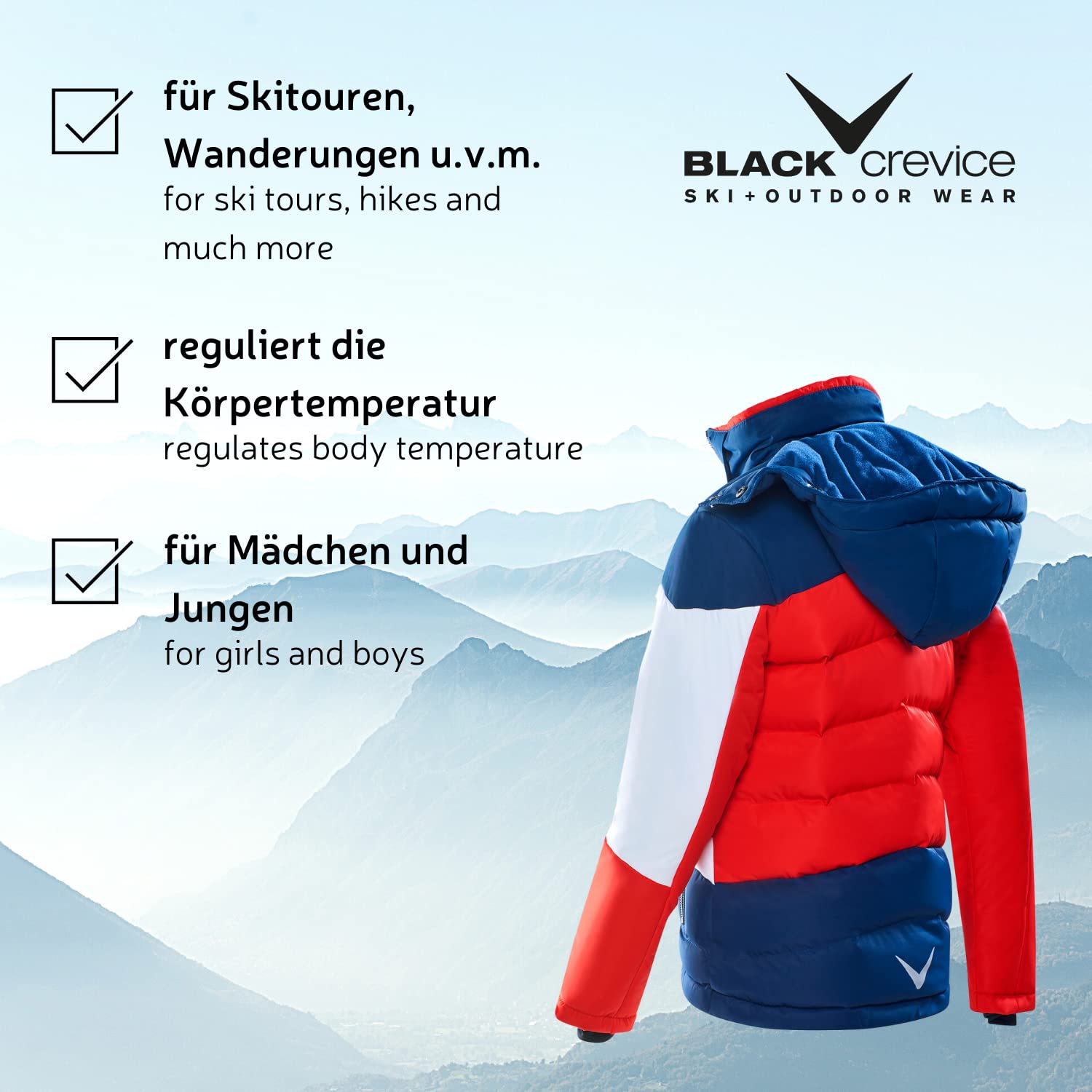 Black Crevice Chaqueta de esquí infantil, chaqueta de invierno rompeviento e impermeable para niños, bolsillos impermeables con cremallera, con capucha
