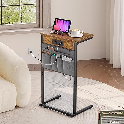 HOOBRO C Shaped End Table with Charging Station, 28" Tall Couch Table for Couch and Recliner for Small Spaces, Slide Under Sofa Table TV Tray with Storage Bag for Living Room, Rustic Brown BF70USF01