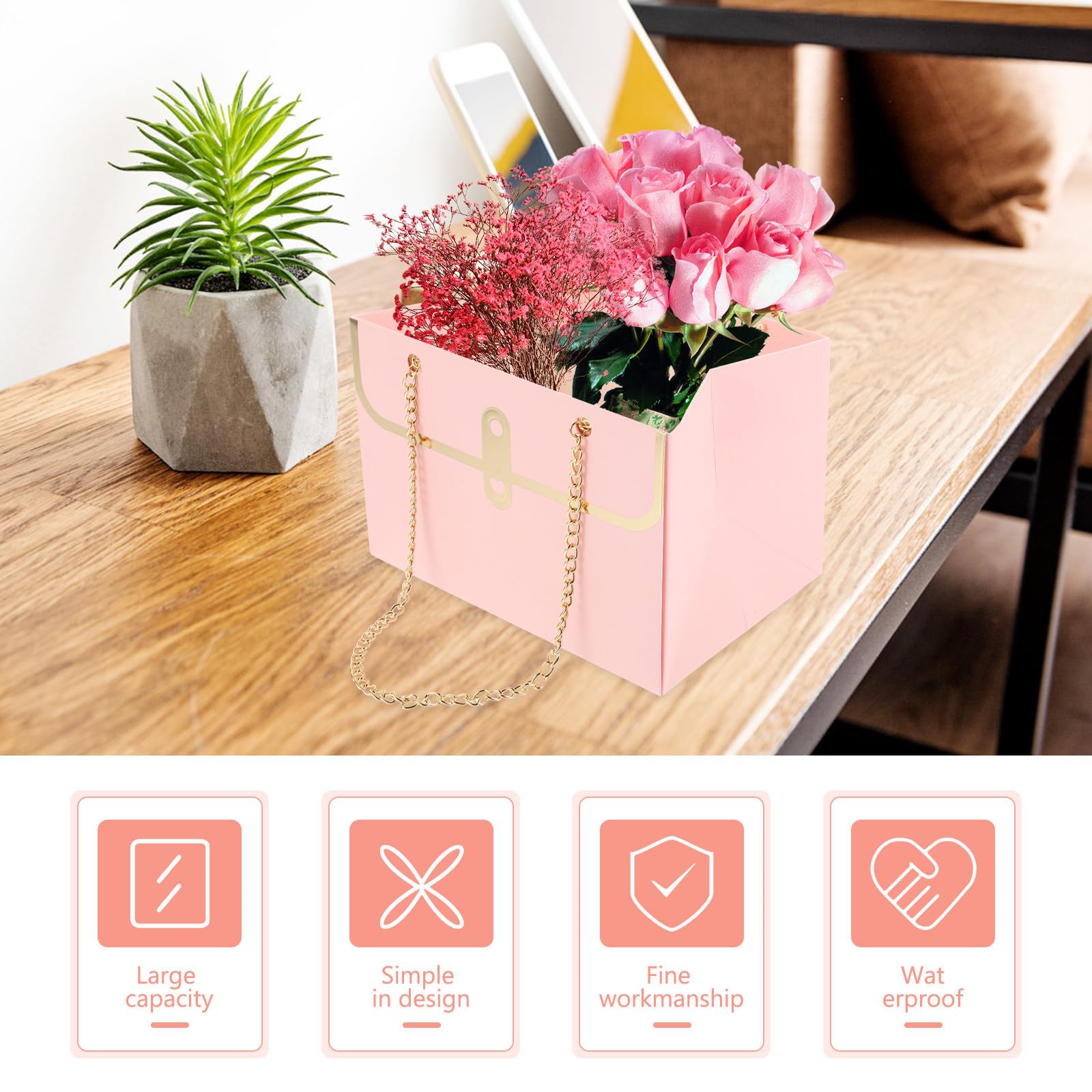 Didiseaon 20 Unidades Bolsa de Obsequio Rectangular Rosa para Flores, Papel