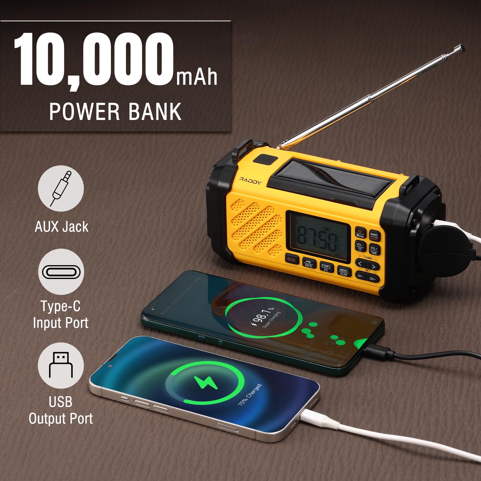 Raddy SH-906 Radio awaryjne, przenośne radio z korbą ręczną na energię słoneczną, AM/FM/SW/VHF, latarka do czytania, SOS, kompas, ładowarka do telefonu