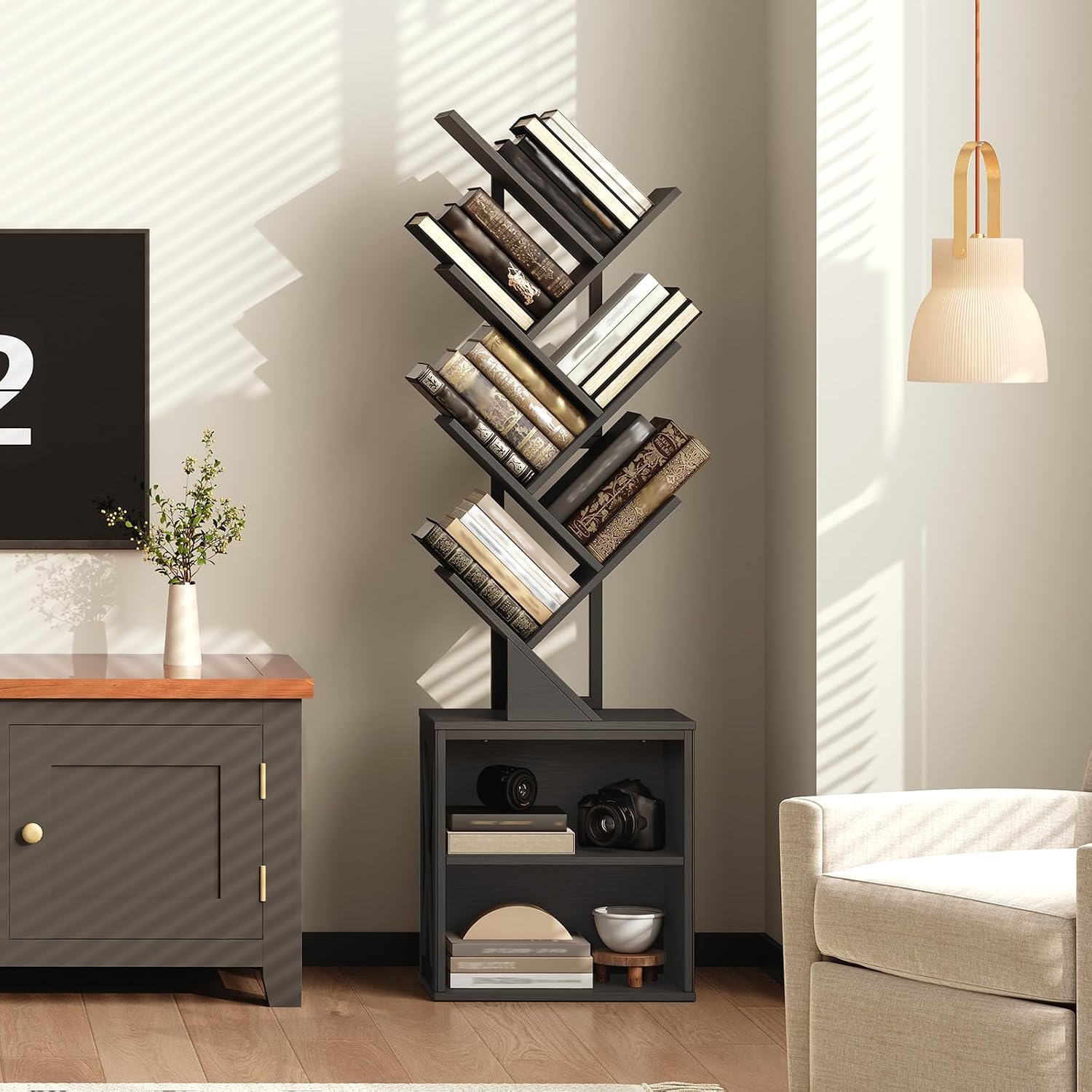 RALGEND Tree Bookshelf, 6 Tier Bookcase with 2 Storage Racks, Free Standing Wooden Bookcase, Floor Standing Book Shelf Organizer for Living Room, Bedroom, Study, Home Office, Black 6701SJBB