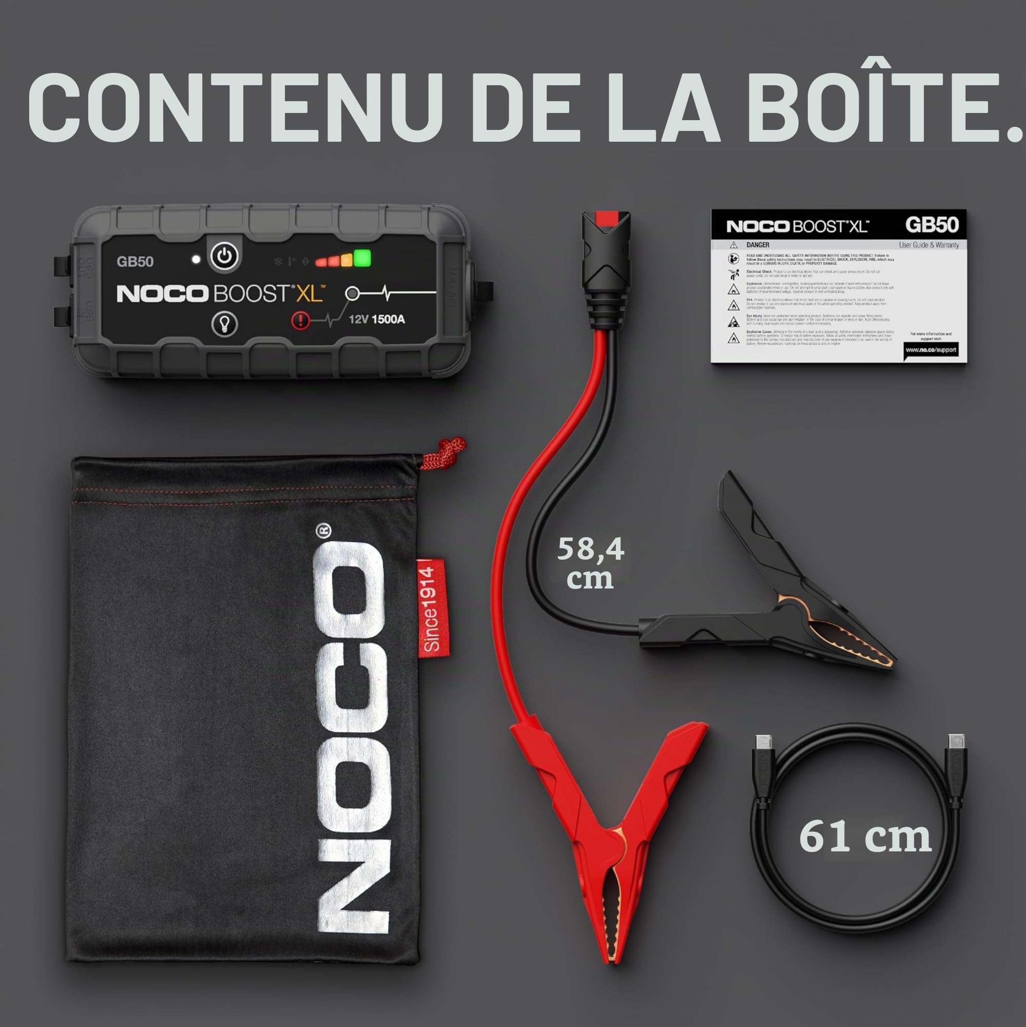 NOCO Boost GB50: Booster Batterie UltraSafe 1500A – Démarreur Lithium 12V Portable avec Powerbank et Chargeur USB – pour Moteurs Essence 7,0L et Diesel 4,5L