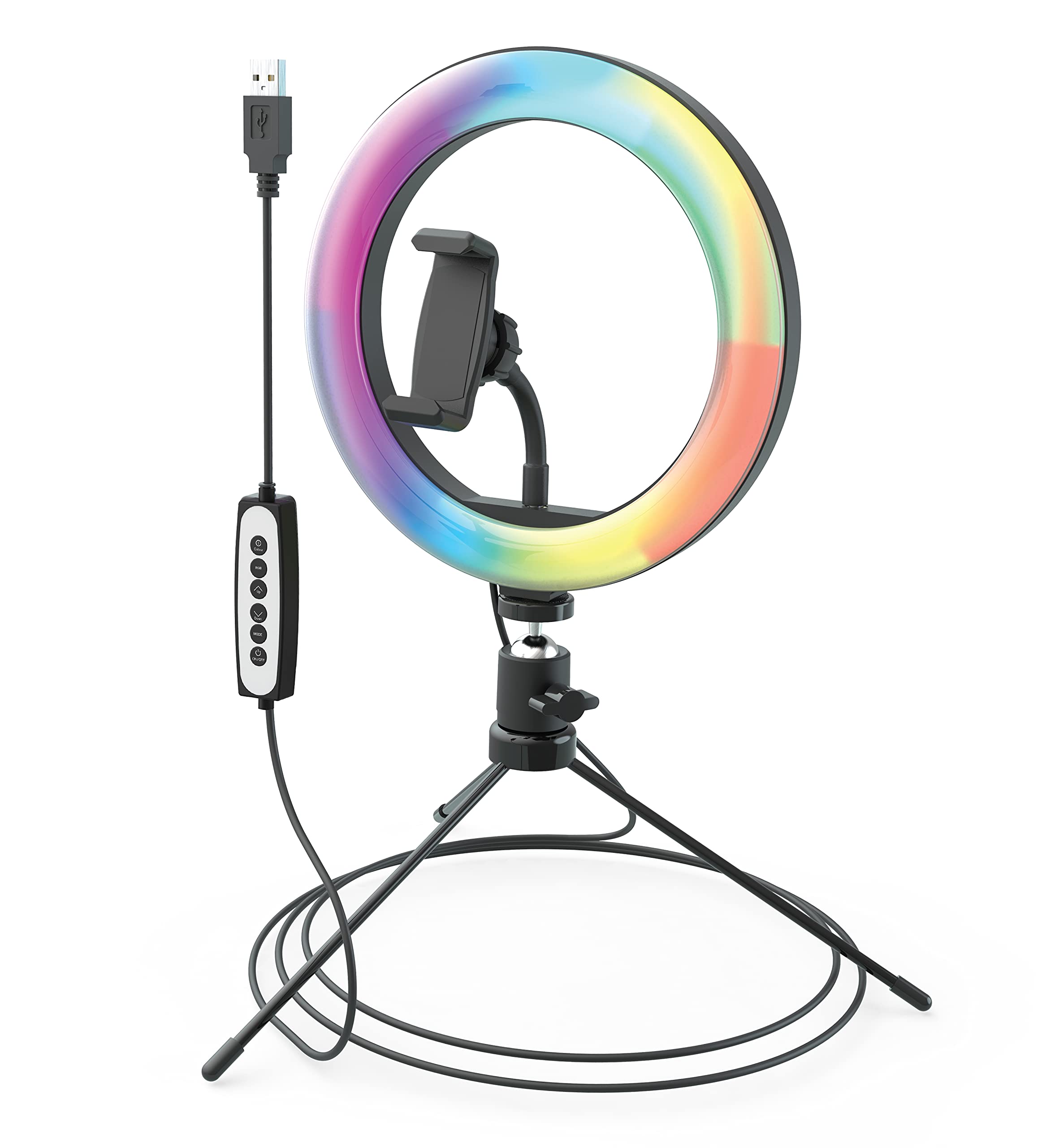 DigiPower Luce ad anello RGB da 10" con 3 modalità di illuminazione, 15 colori RGB e 10 livelli di luminosità, supporto per smartphone (iOS/Android), per trucco, YouTube, TikTok e Vlogging,